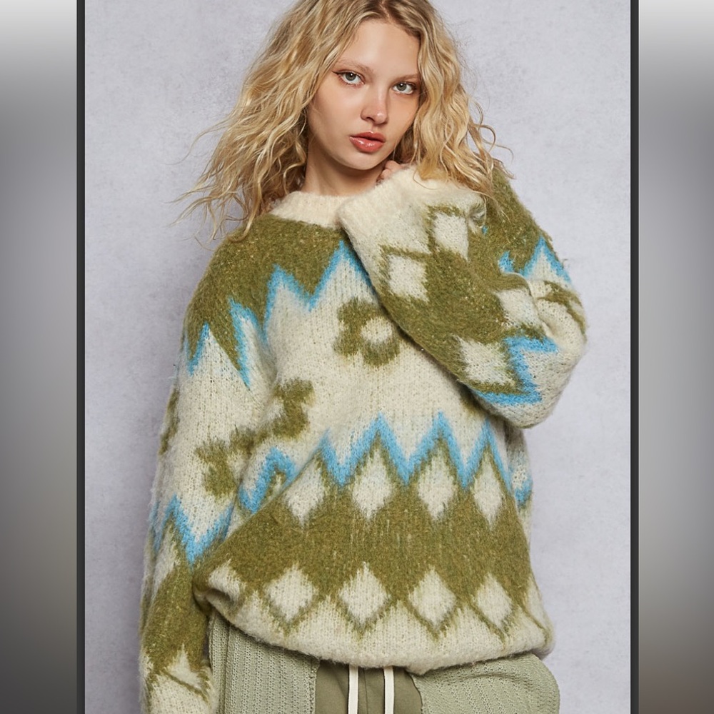 POL Women's Sweater in Olive and Blue